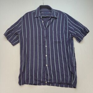 McKenzie Tribe Button Down Shirt Mens Large Blue Striped 100% Linen Made Italy